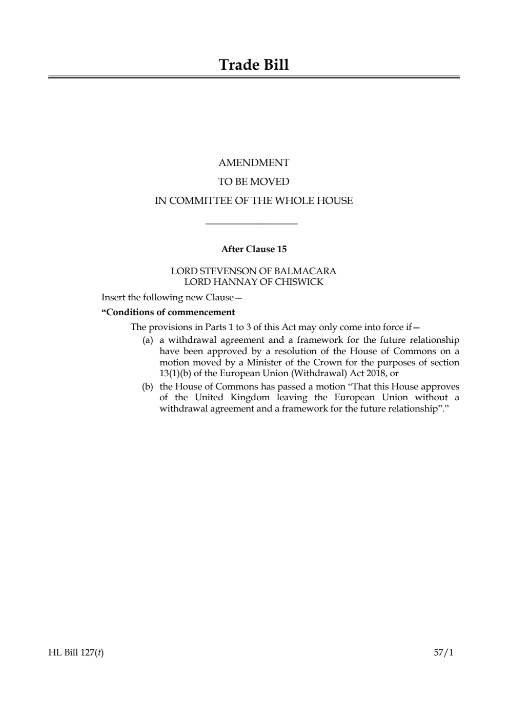 Trade Bill Amendment to be moved in Committee of the Whole House