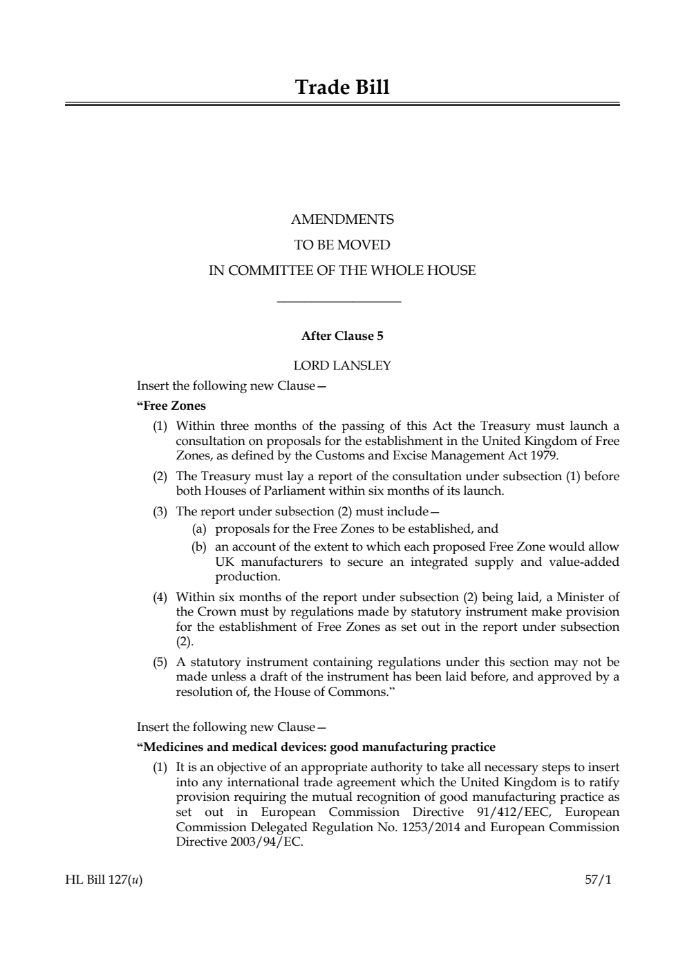 Trade Bill Amendments to be moved in Committee of the Whole House