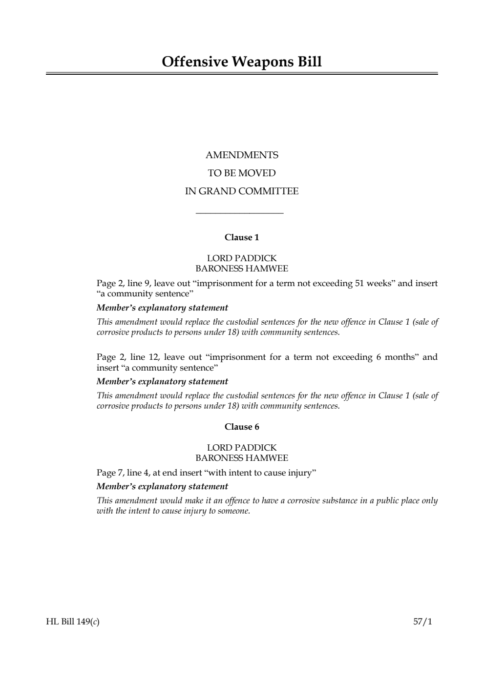 Offensive Weapons Bill Amendments to be moved in Grand Committee