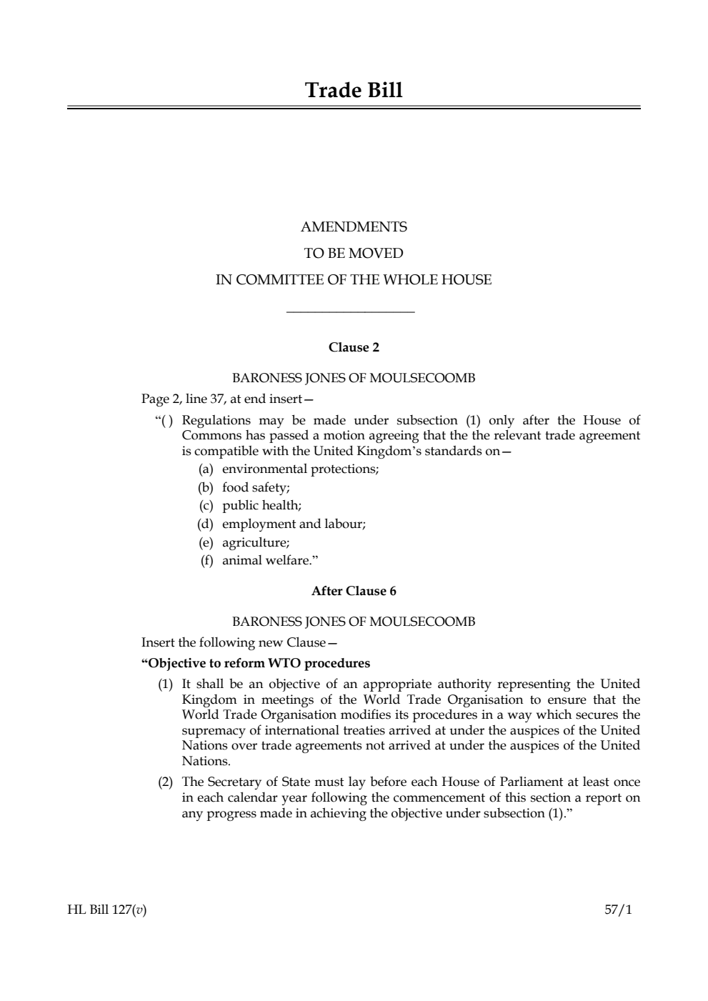 Trade Bill Amendments to be moved in Committee of the Whole House