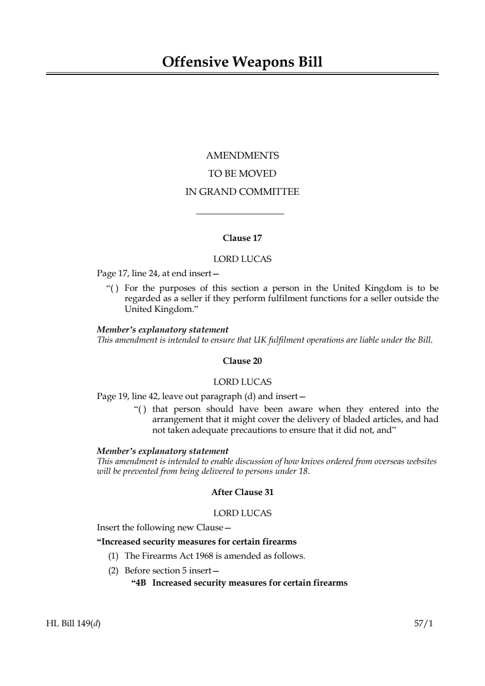 Offensive Weapons Bill Amendments to be moved in Grand Committee