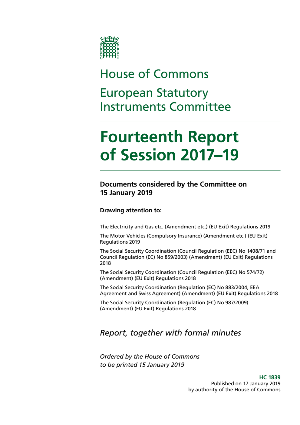 European Statutory Instruments Committee 14th Report of Session 2017-19