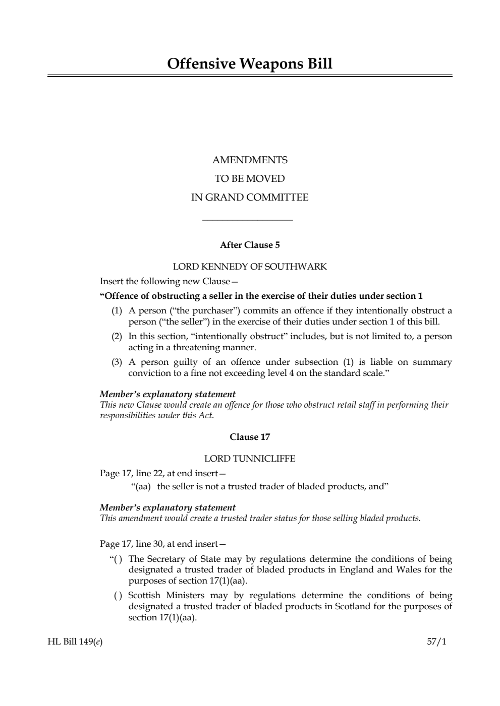 Offensive Weapons Bill Amendments to be moved in Grand Committee