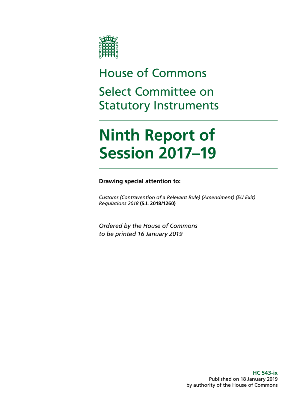 Statutory Instruments Committee 9th Report of Session 2017–19