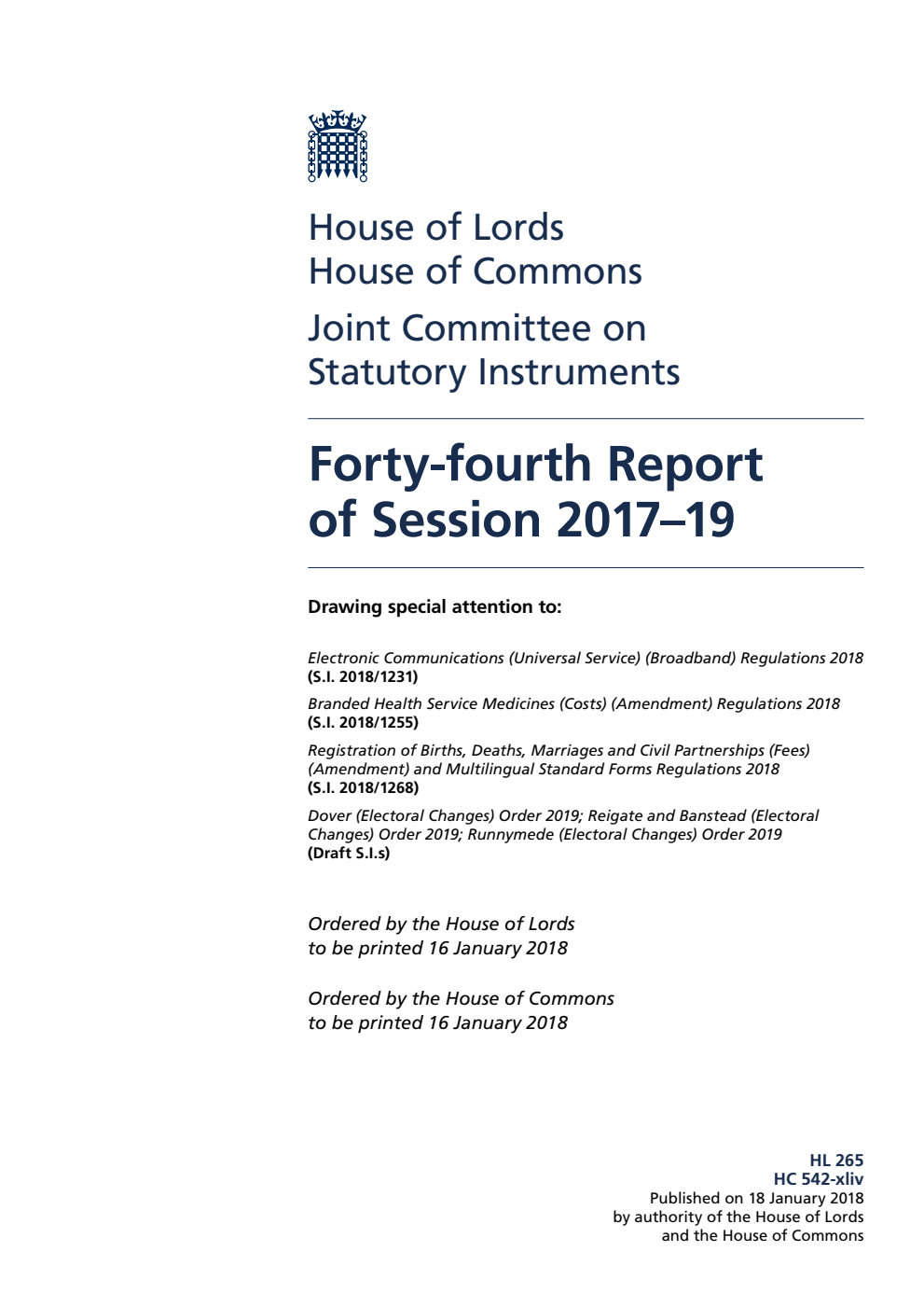 Joint Committee on Statutory Instruments 44th Report of Session 2017–19