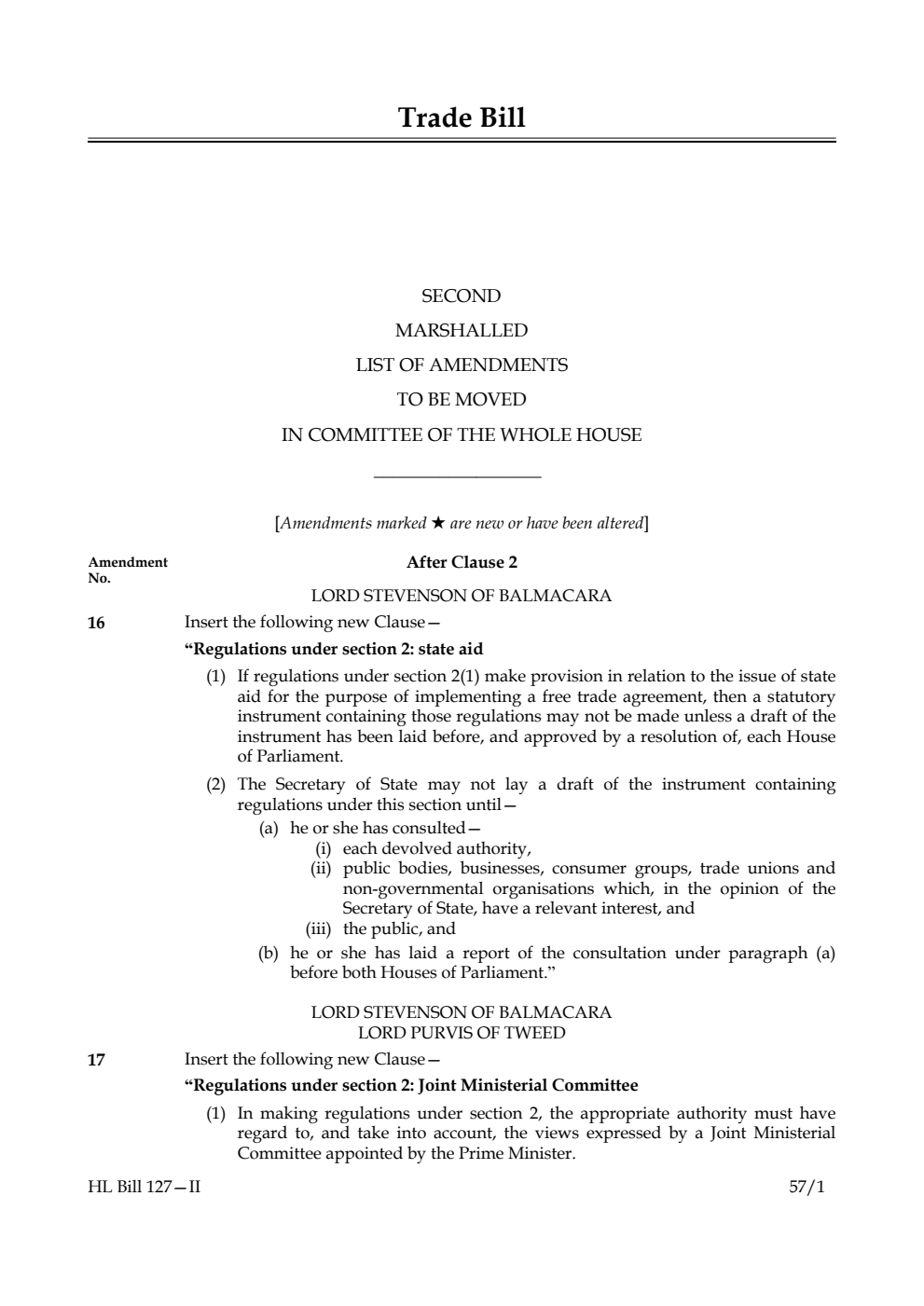 Trade Bill Second Marshalled List of Amendments to be moved in Committee of the Whole House