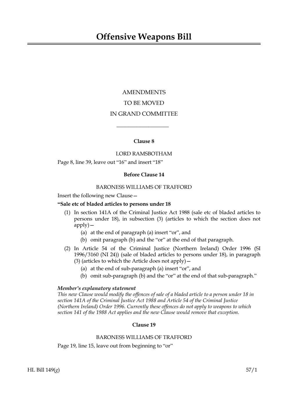 Offensive Weapons Bill Amendments to be moved in Grand Committee