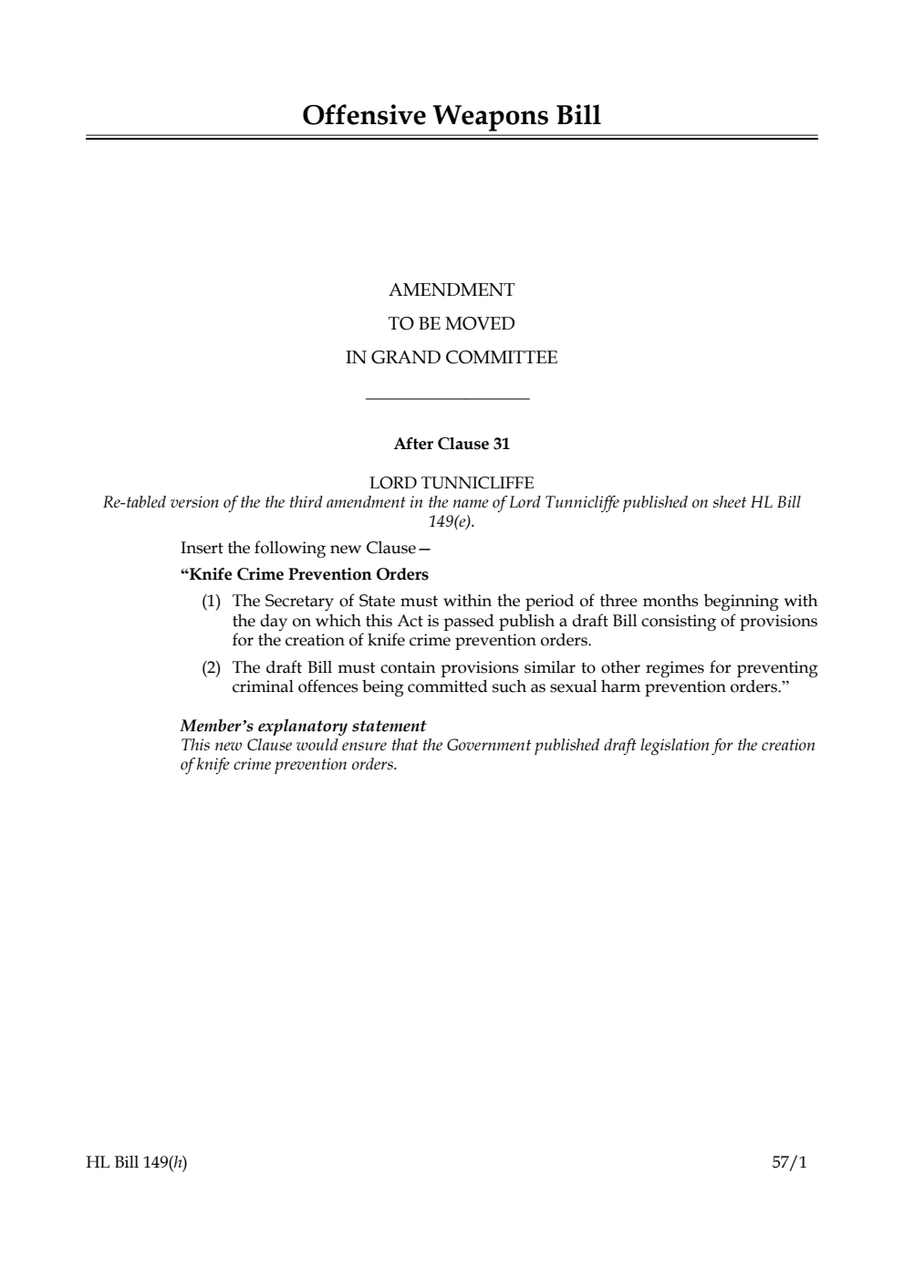 Offensive Weapons Bill Amendment to be moved in Grand Committee