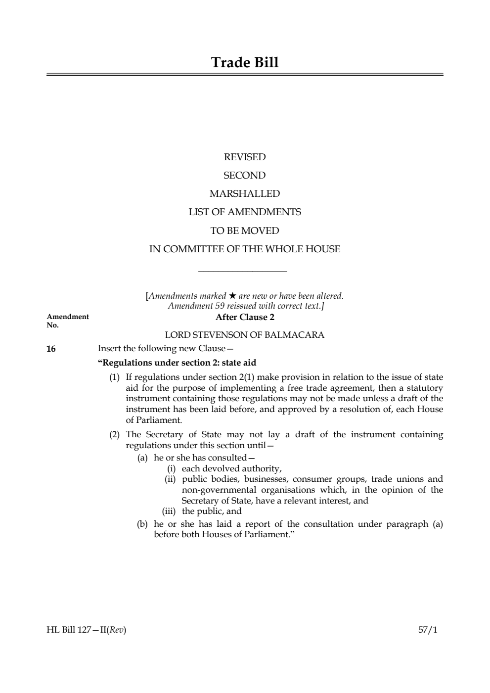 Trade Bill Revised Second Marshalled List of Amendments to be moved in Committee of the Whole House