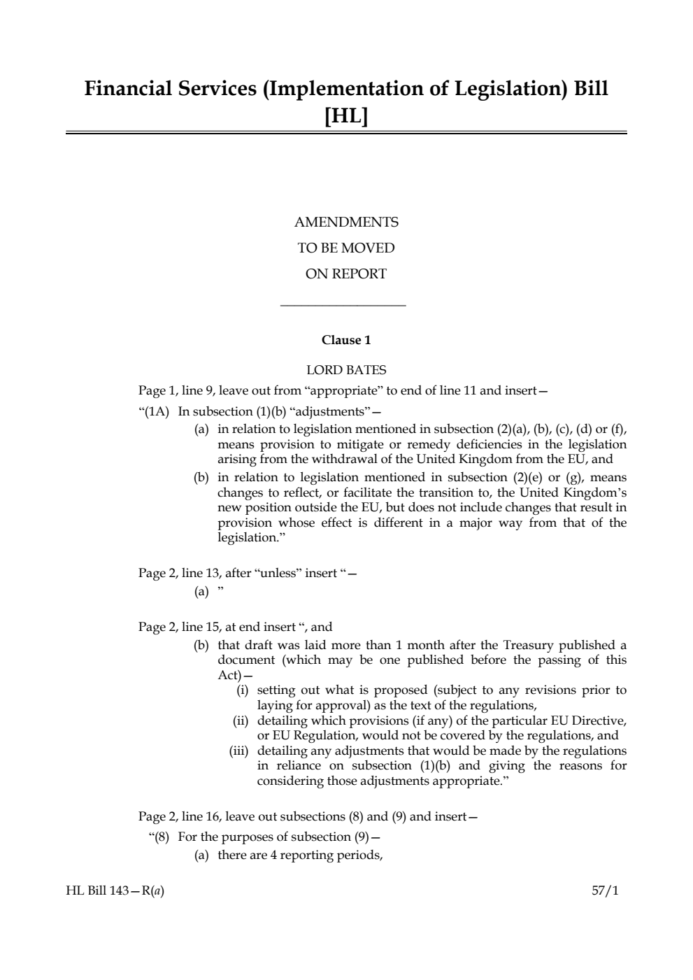 Financial Services (Implementation of Legislation) Bill Amendments to be moved on report