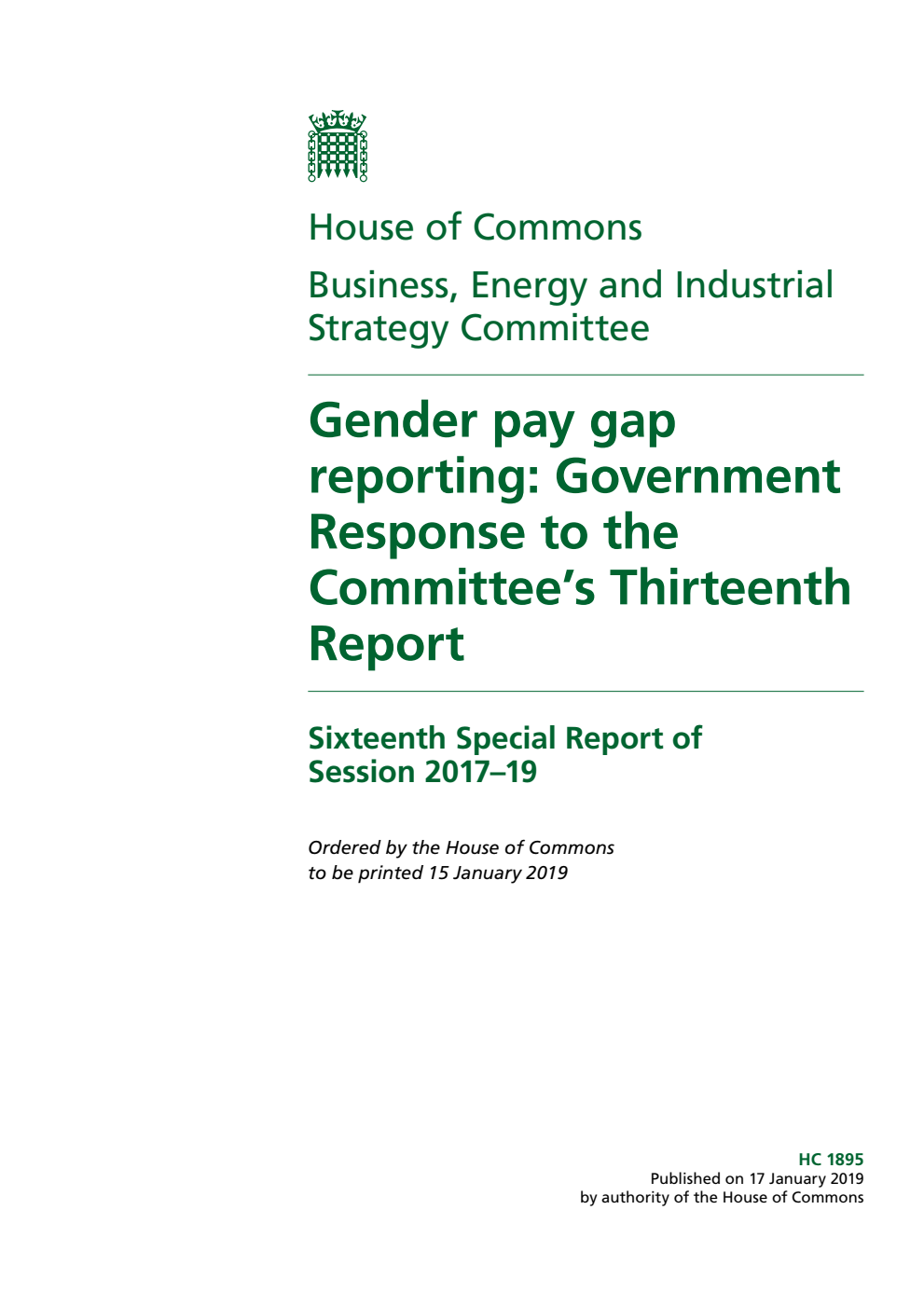 Business, Energy and Industrial Strategy Committee 16th Special Report. Gender pay gap reporting: Government Response to the Committee’s Thirteenth Report