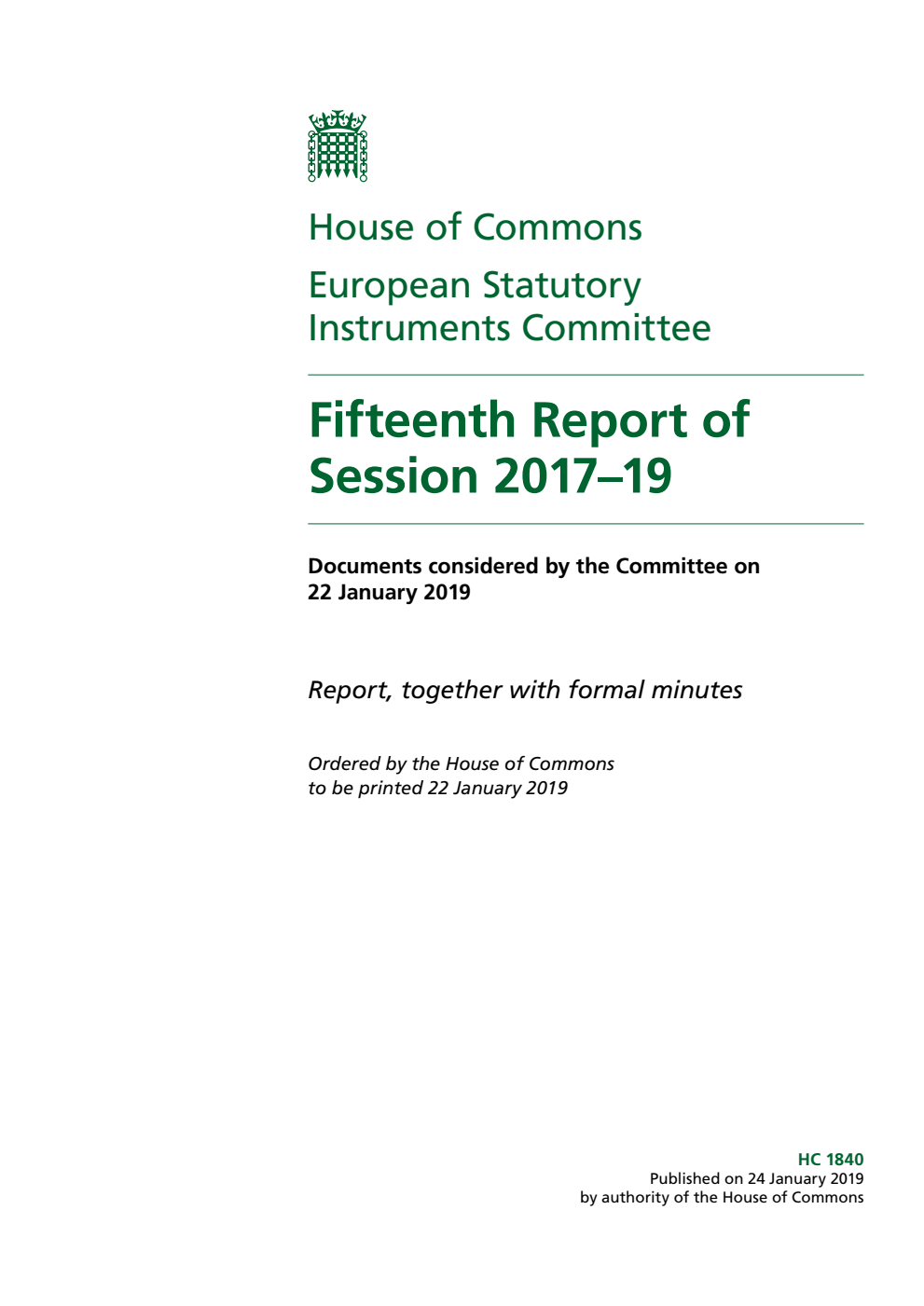European Statutory Instruments Committee 15th Report of Session 2017-19