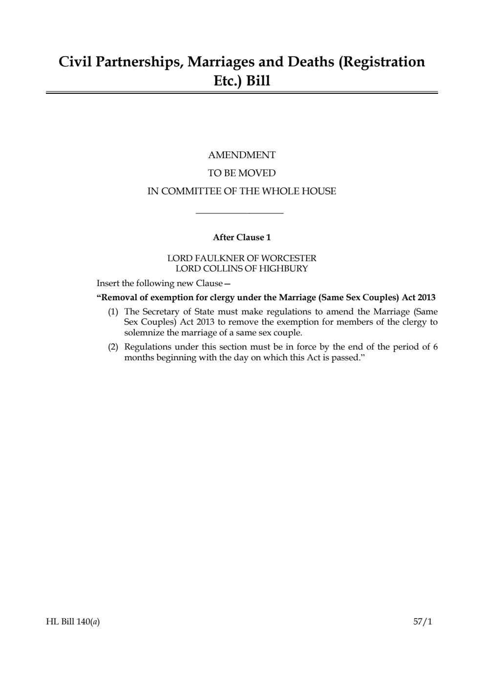 Civil Partnerships, Marriages and Deaths (Registration Etc.) Bill Amendment to be moved in Committee of the Whole House