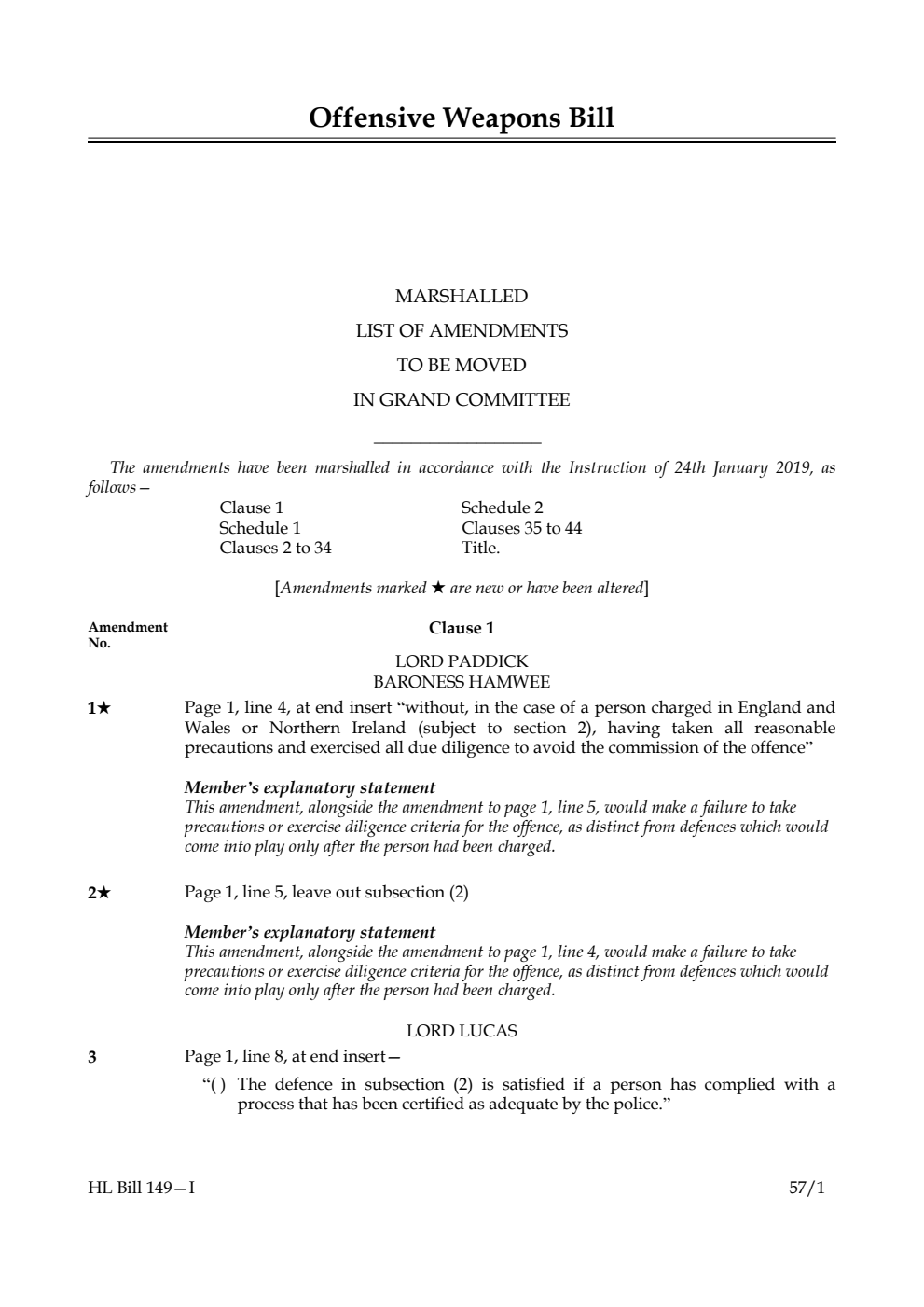 Offensive Weapons Bill Marshalled List of Amendments to be moved in Grand Committee