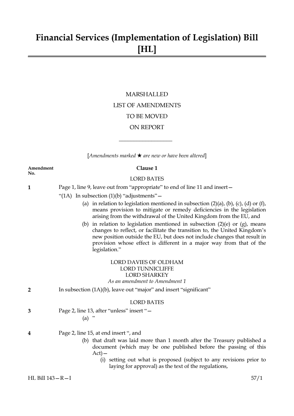 Financial Services (Implementation of Legislation) Bill Marshalled List of amendments to be moved on report