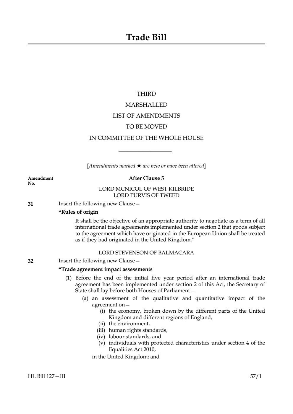 Trade Bill Third Marshalled List of Amendments to be moved in Committee of the Whole House