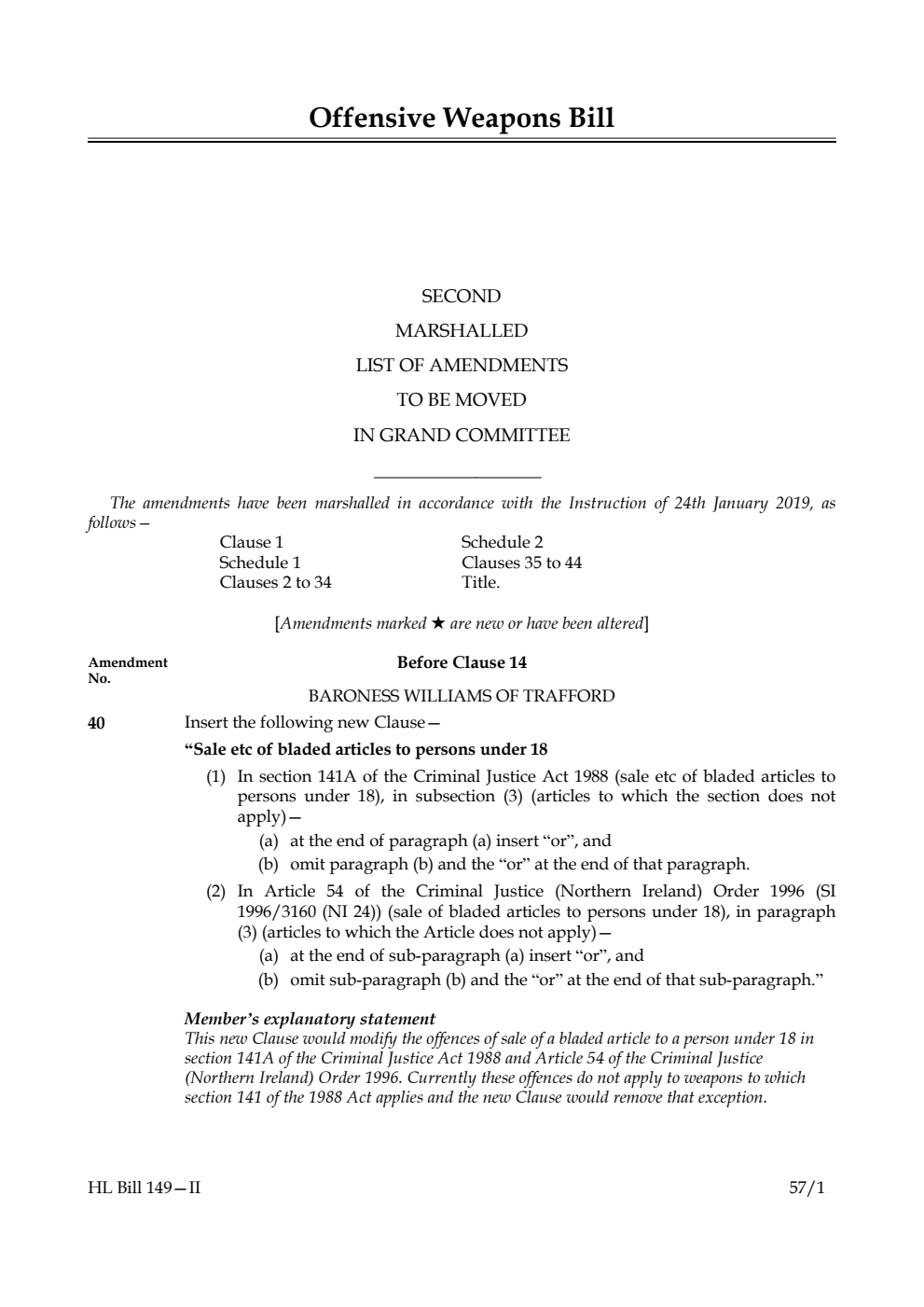 Offensive Weapons Bill Second Marshalled List of Amendments to be moved in Grand Committee