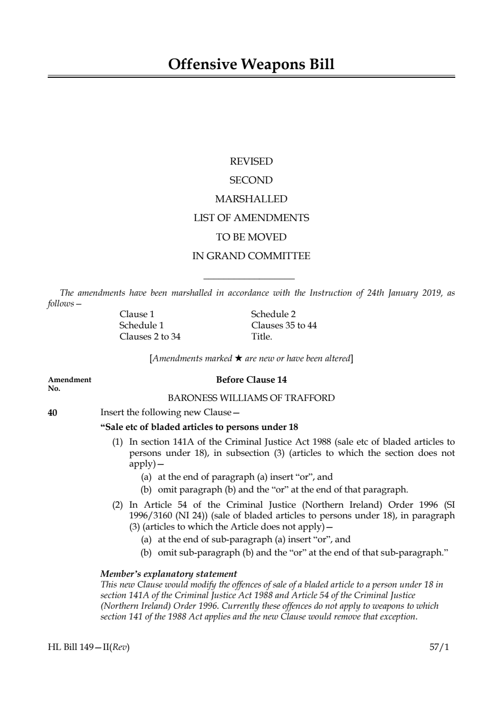 Offensive Weapons Bill Revised Second Marshalled List of Amendments to be moved in Grand Committee