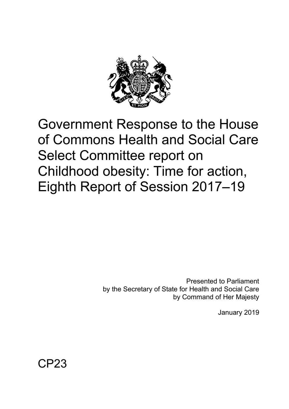 Government Response to the House of Commons Health and Social Care Select Committee report on Childhood obesity: Time for action, Eighth Report of Session 2017–19