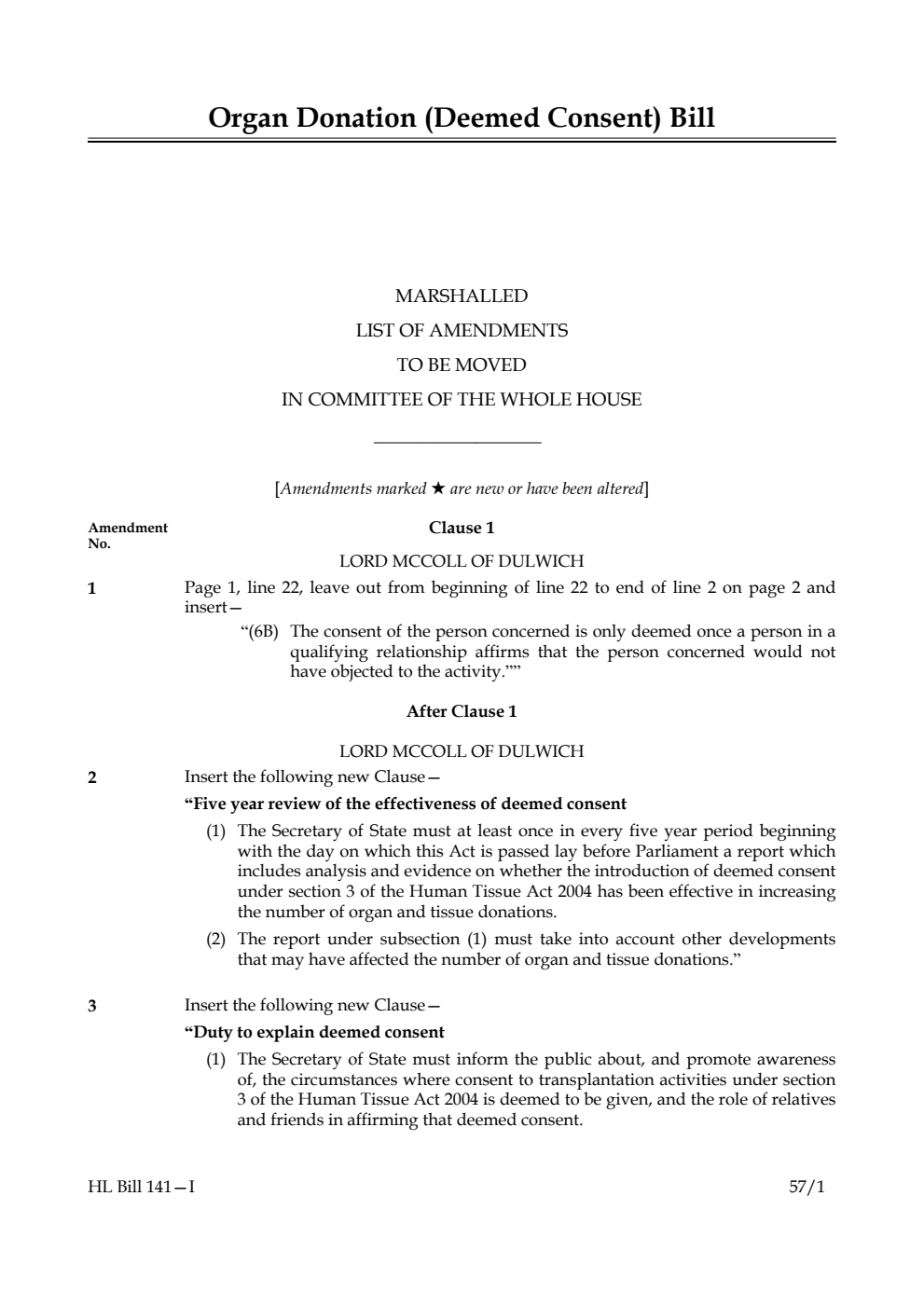 Organ Donation (Deemed Consent) Bill Marshalled List of Amendments to be moved in Committee of the Whole House