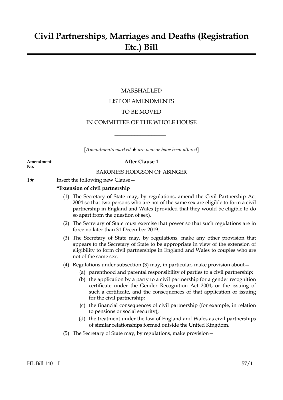 Civil Partnerships, Marriages and Deaths (Registration Etc.) Bill Marshalled List of Amendments to be moved in Committee of the Whole House
