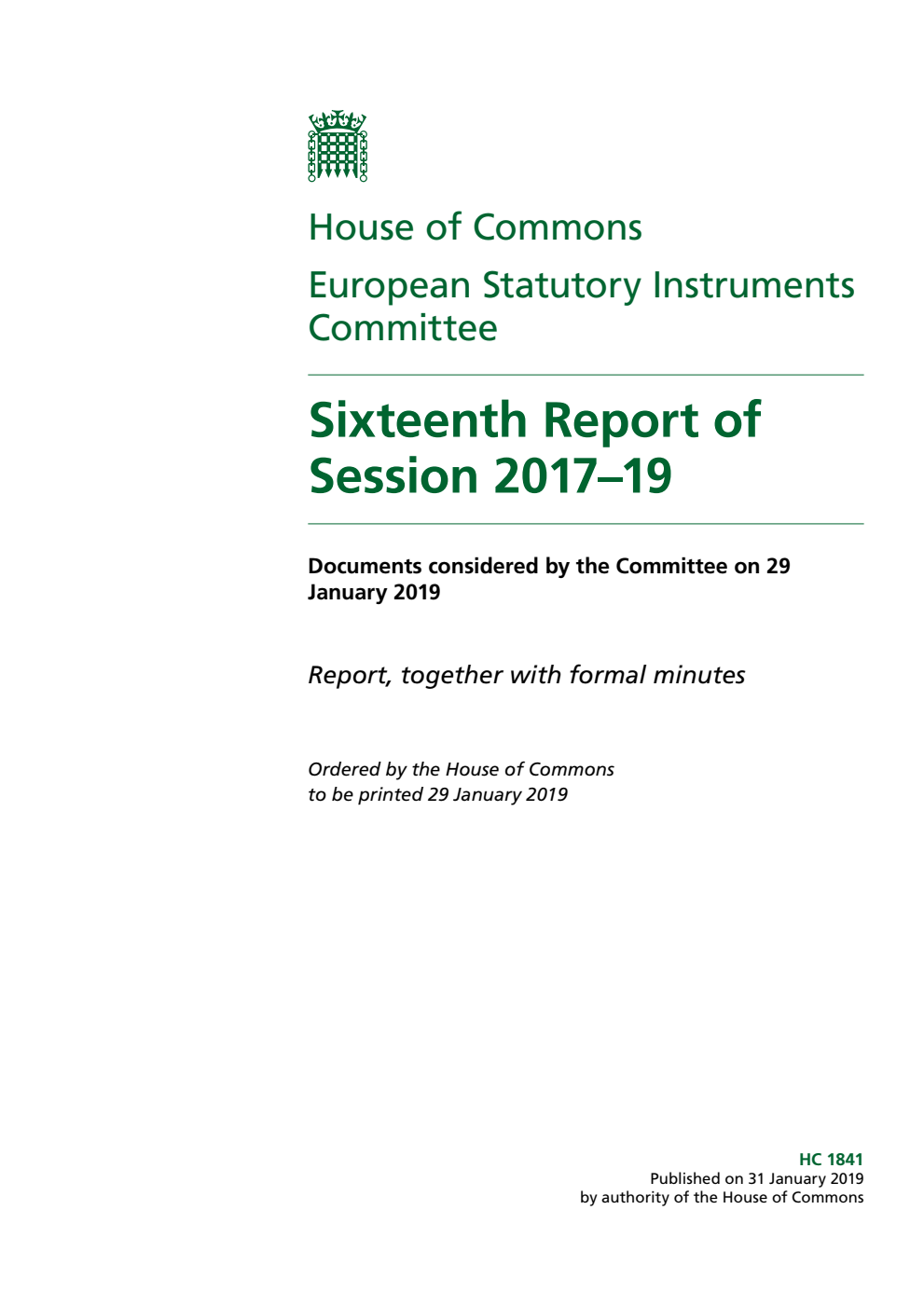 European Statutory Instruments Committee 16th Report of Session 2017-19