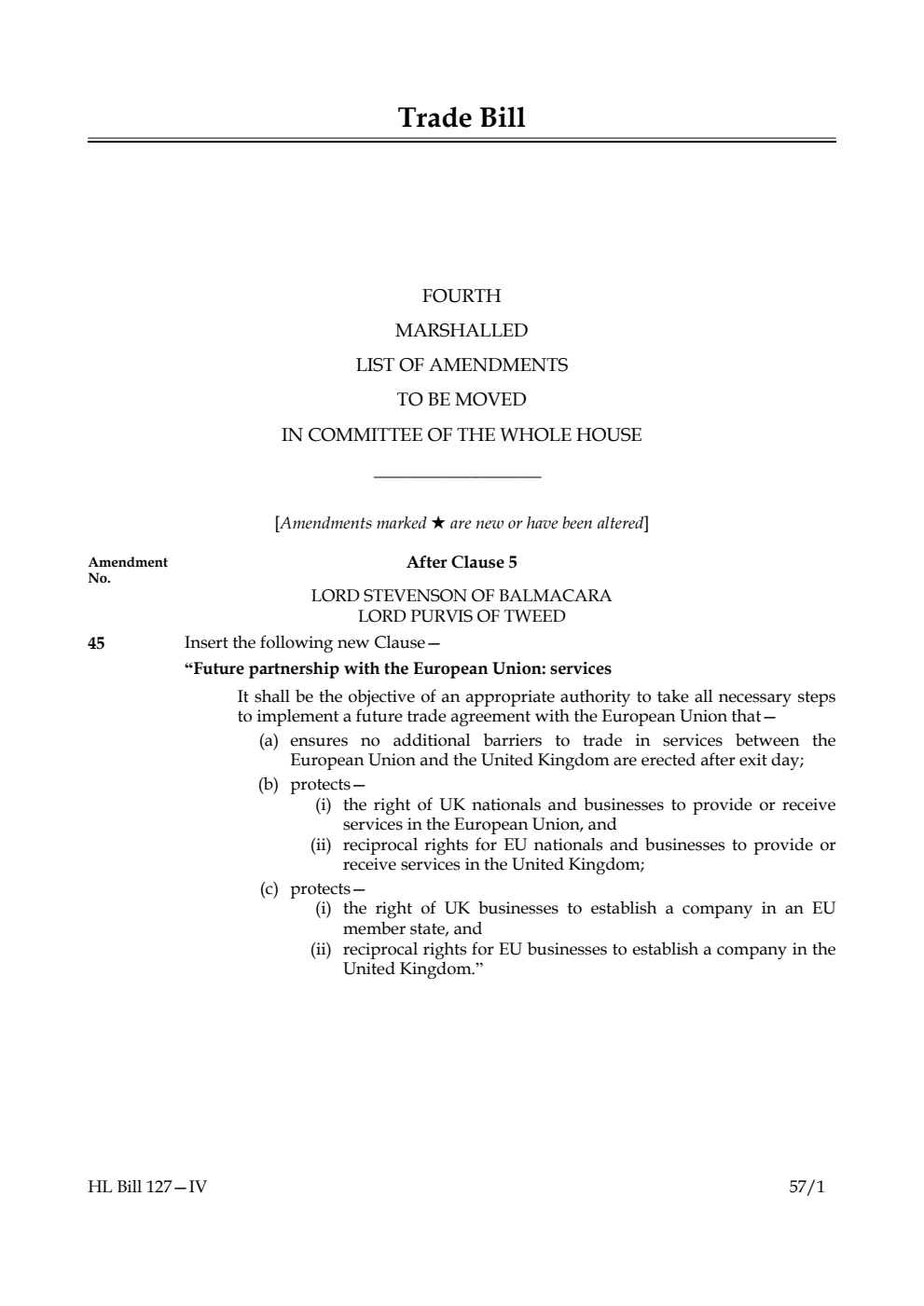 Trade Bill Fourth Marshalled List of Amendments to be moved in Committee of the Whole House
