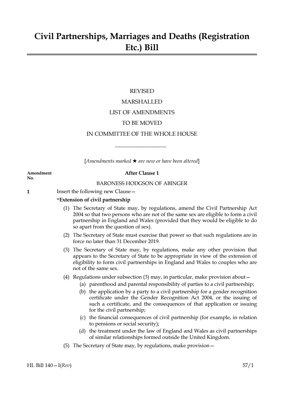 Civil Partnerships, Marriages and Deaths (Registration Etc.) Bill Revised Marshalled List of Amendments to be moved in Committee of the Whole House