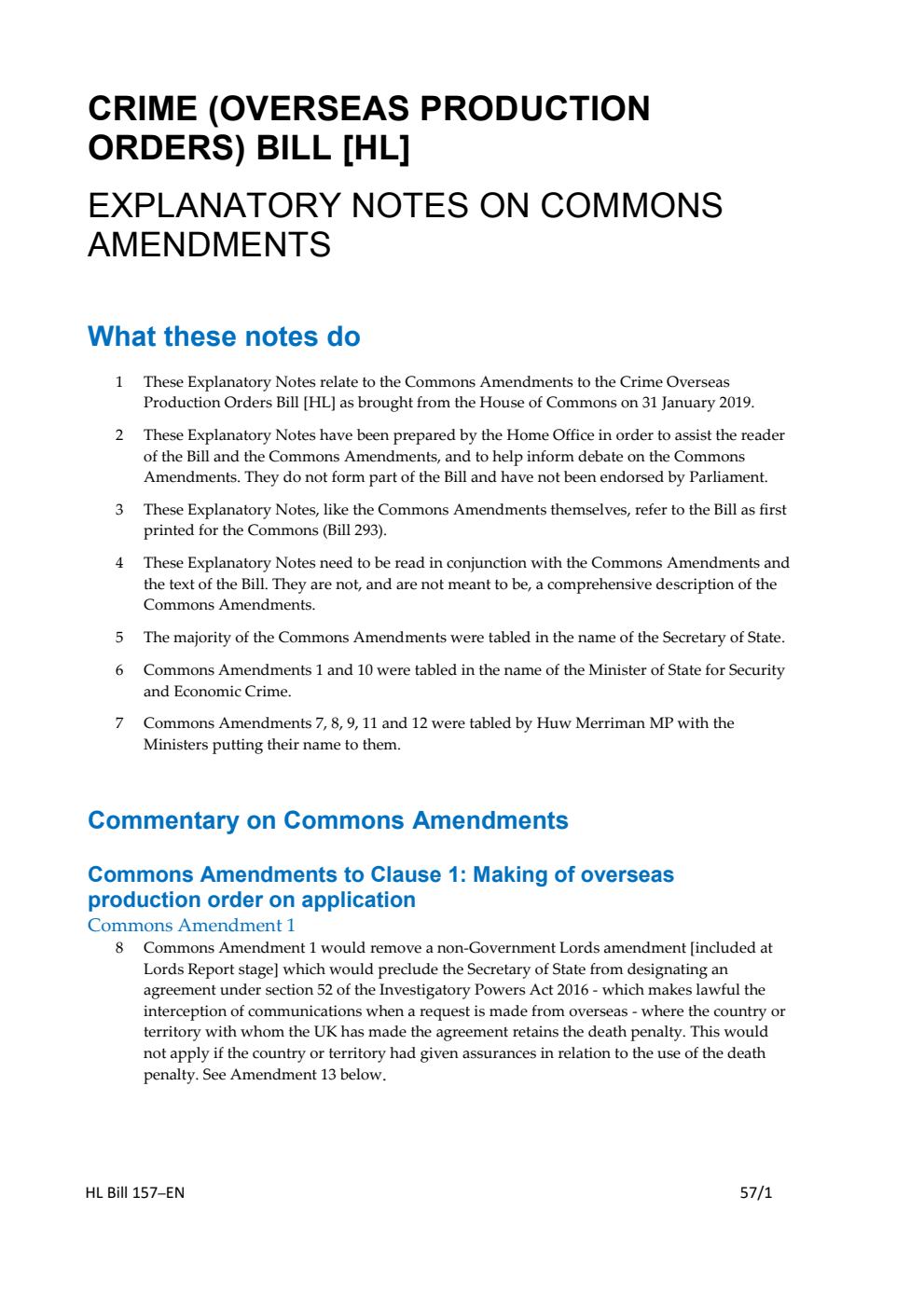 Crime (Overseas Production Orders) Bill Explanatory Notes on Commons Amendments
