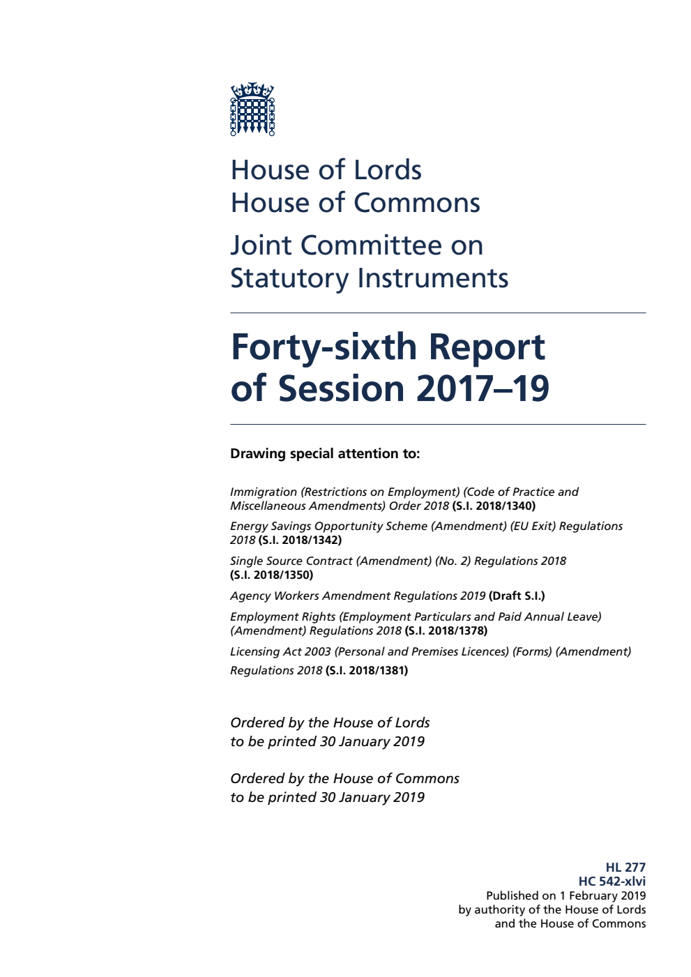 Joint Committee on Statutory Instruments 46th Report of Session 2017–19