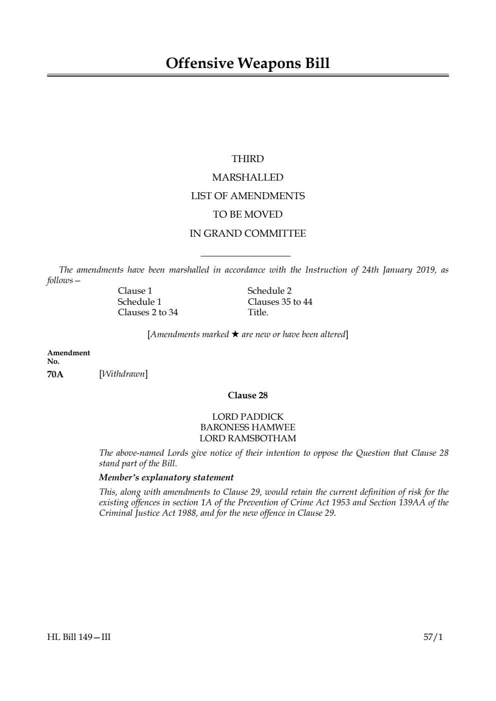 Offensive Weapons Bill Third Marshalled List of Amendments to be moved in Grand Committee