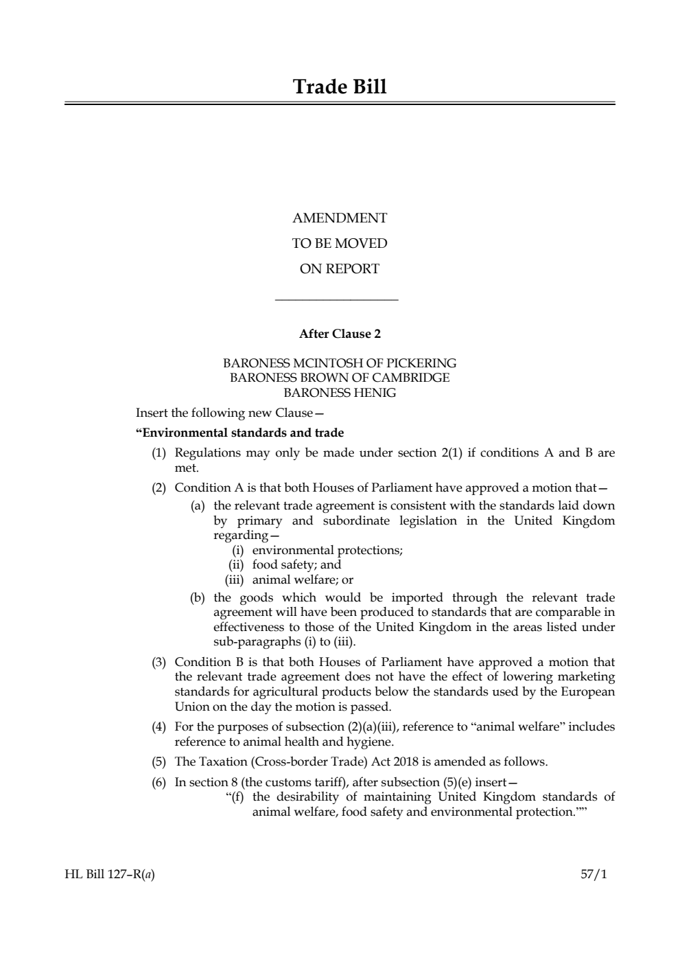 Trade Bill Amendment to be moved on report