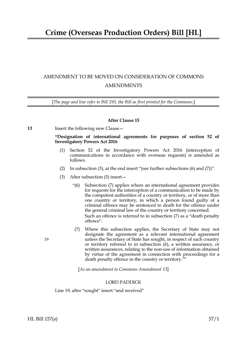 Crime (Overseas Production Orders) Bill  Amendment to be moved on consideration of Commons Amendments
