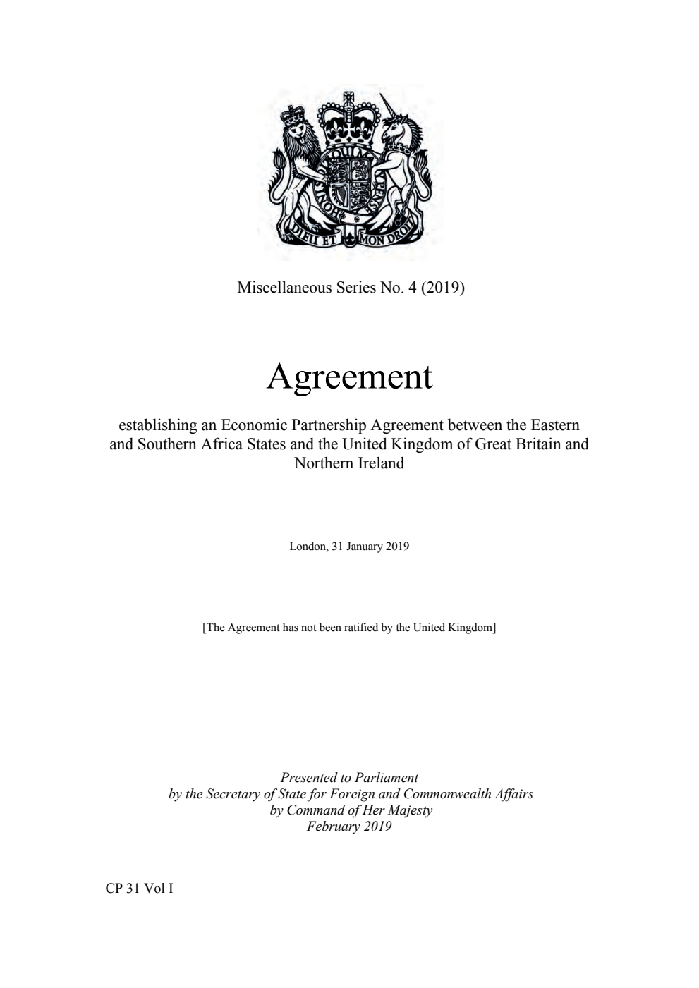 Miscellaneous Series No. 4 (2019) Agreement establishing an Economic Partnership Agreement between the Eastern and Southern Africa States and the United Kingdom of Great Britain and Northern Ireland. London, 31 January 2019  - Part I