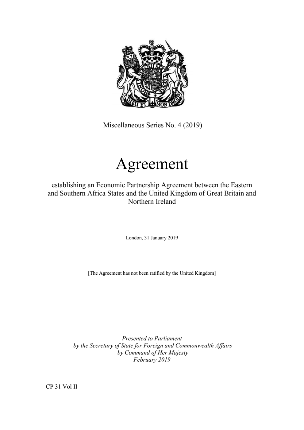 Miscellaneous Series No. 4 (2019) Agreement establishing an Economic Partnership Agreement between the Eastern and Southern Africa States and the United Kingdom of Great Britain and Northern Ireland. London, 31 January 2019 - Part II