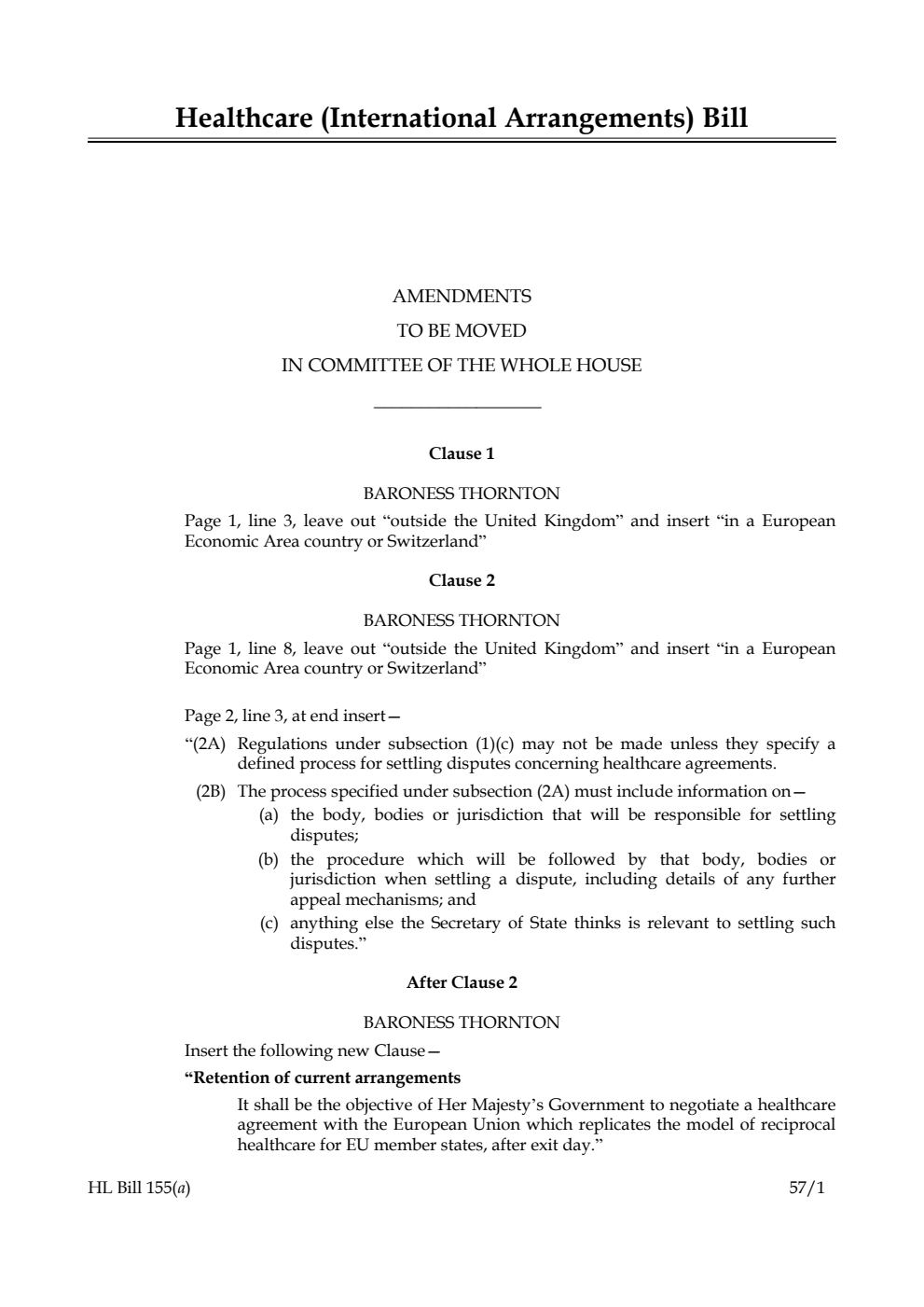 Healthcare (International Arrangements) Bill Amendments to be moved in Committee of the Whole House