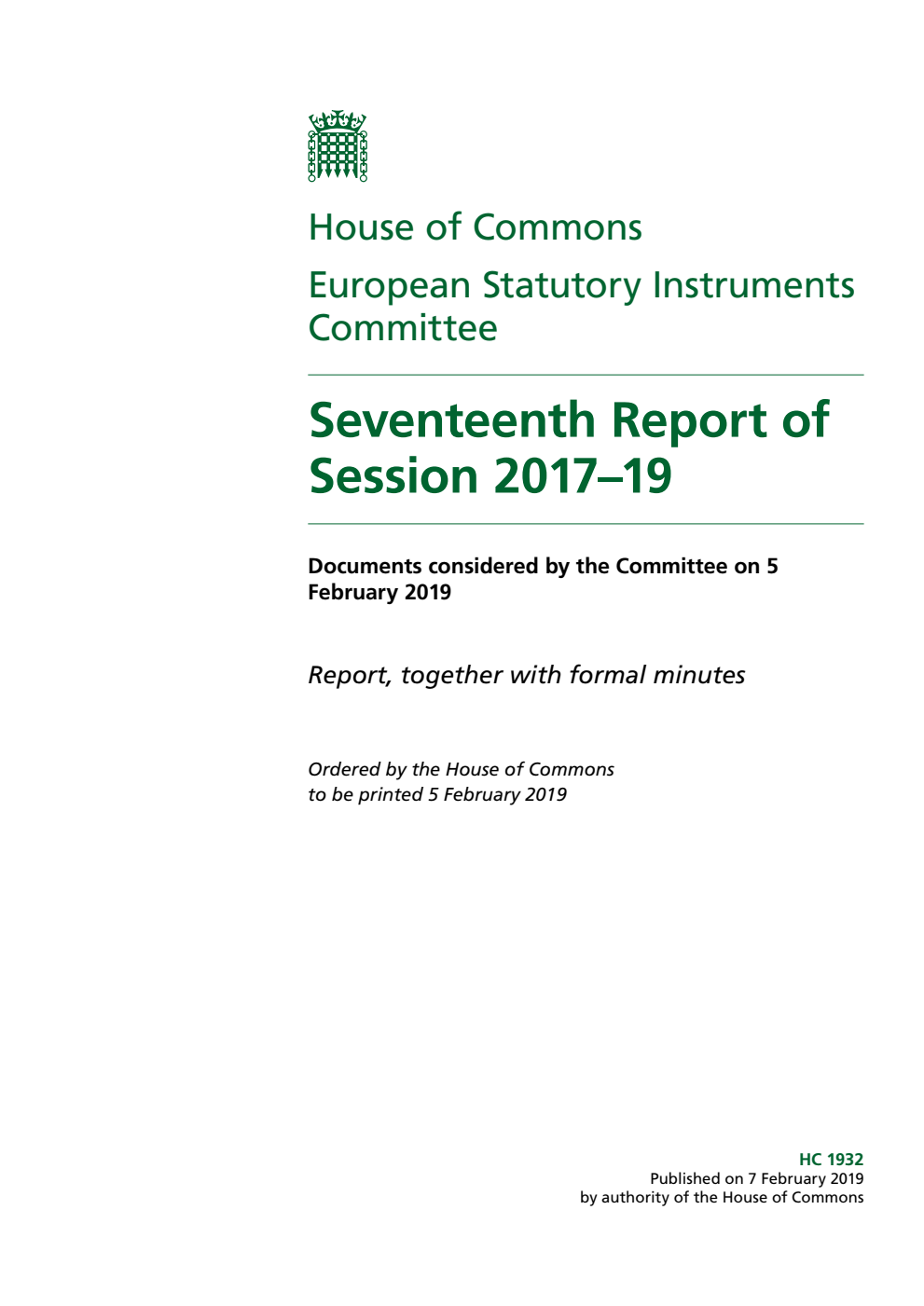 European Statutory Instruments Committee 17th Report of Session 2017-19