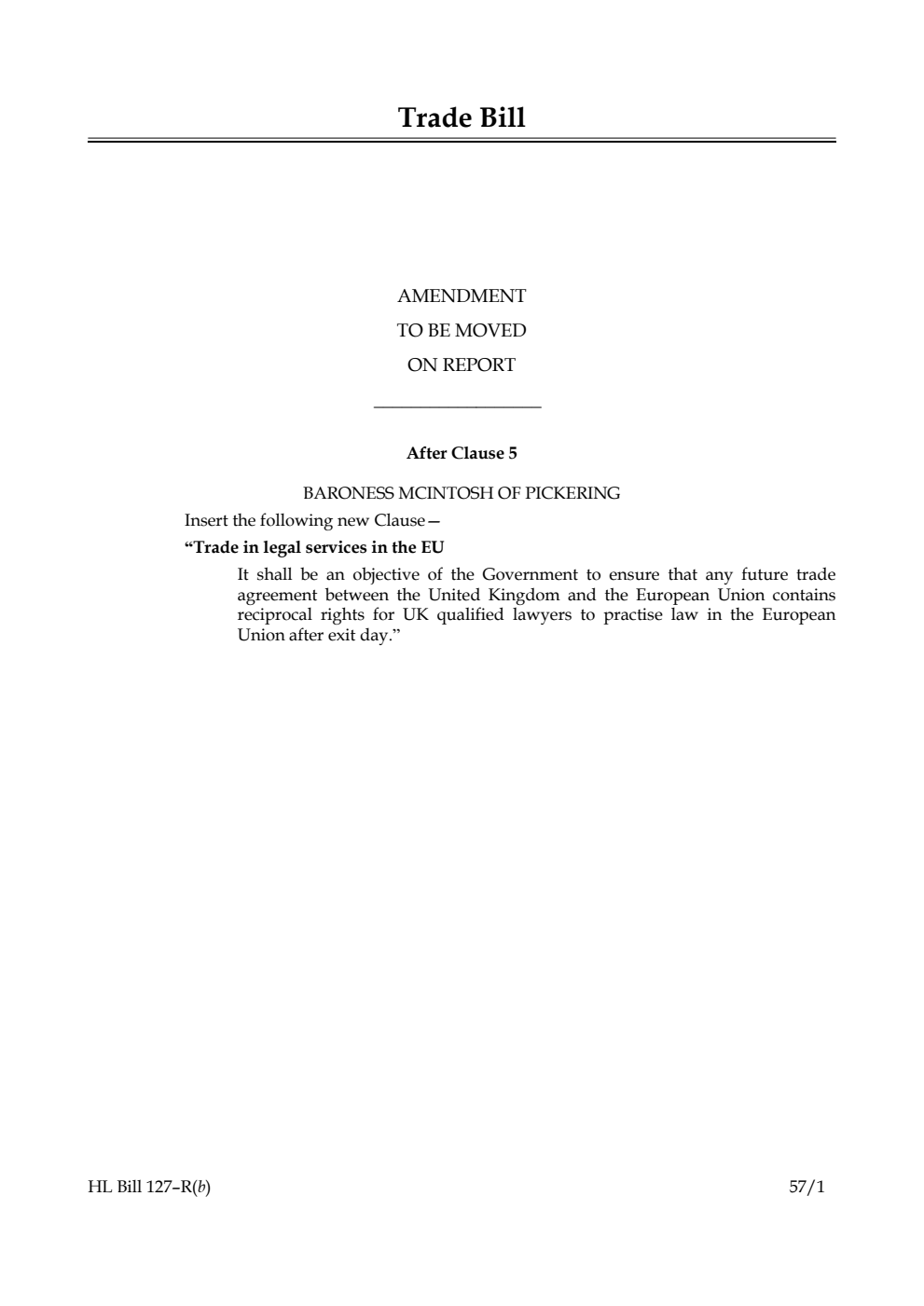 Trade Bill Amendment to be moved on report