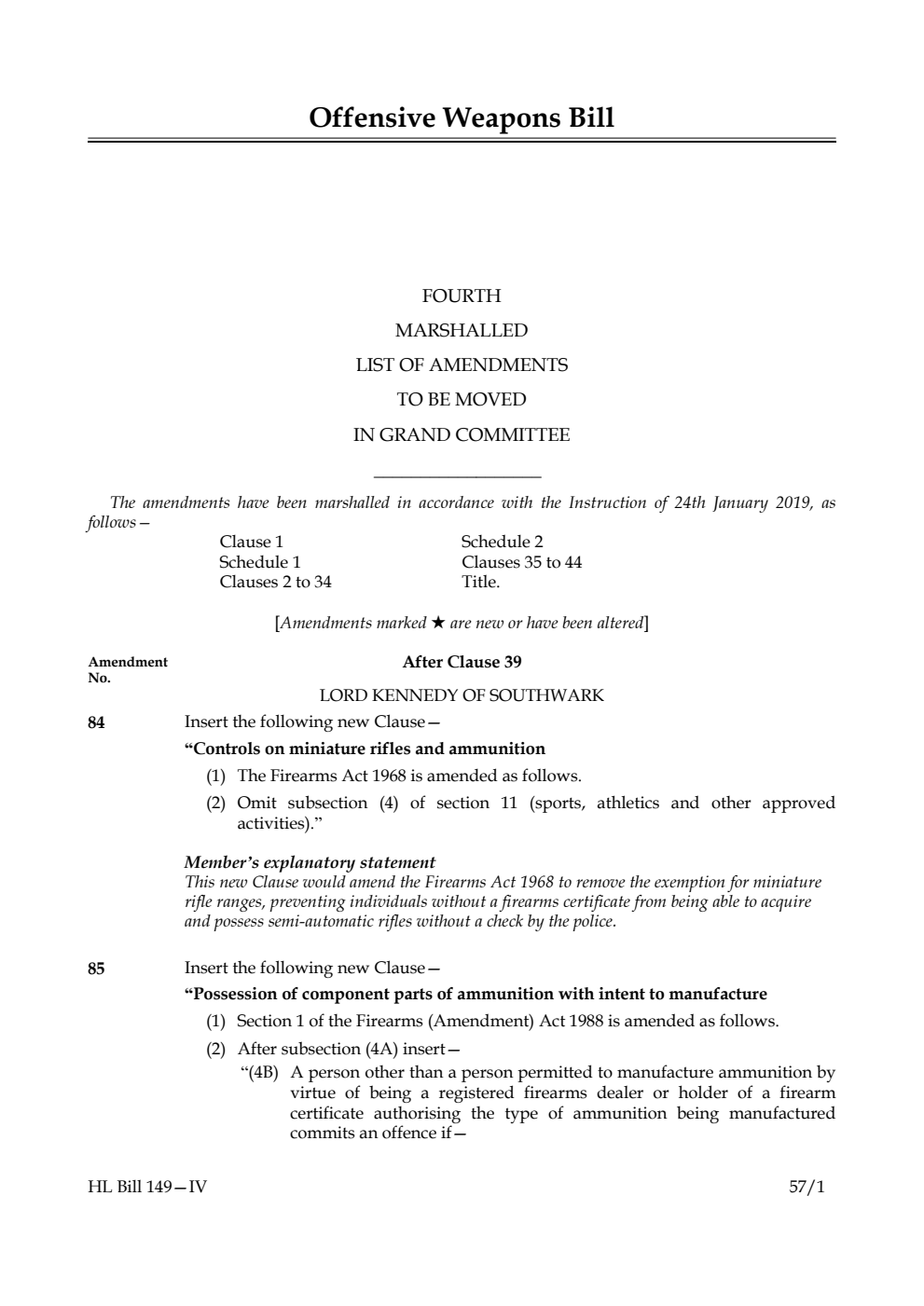 Offensive Weapons Bill Fourth Marshalled List of Amendments to be moved in Grand Committee