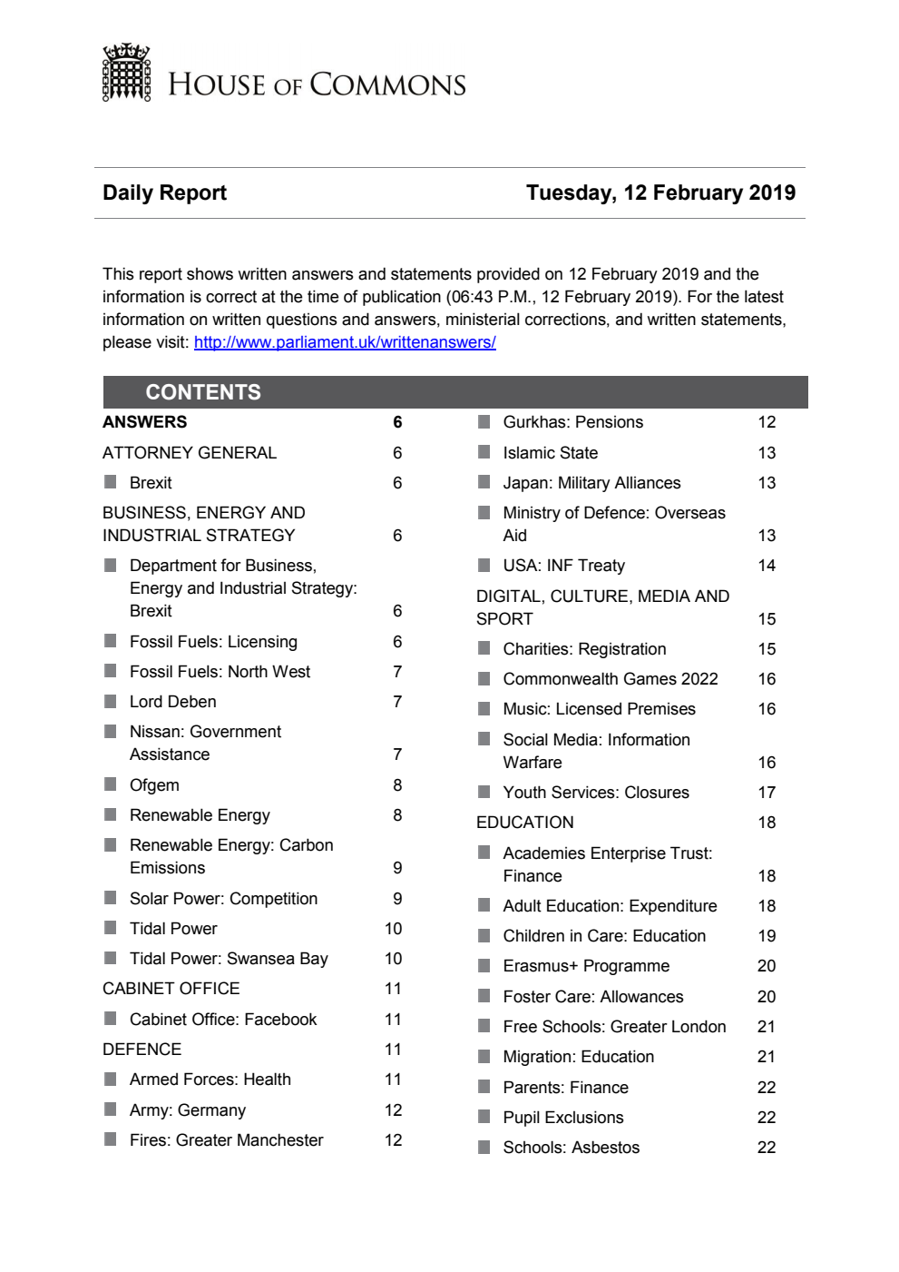 HOC Daily Report Written Answers 12.02.19