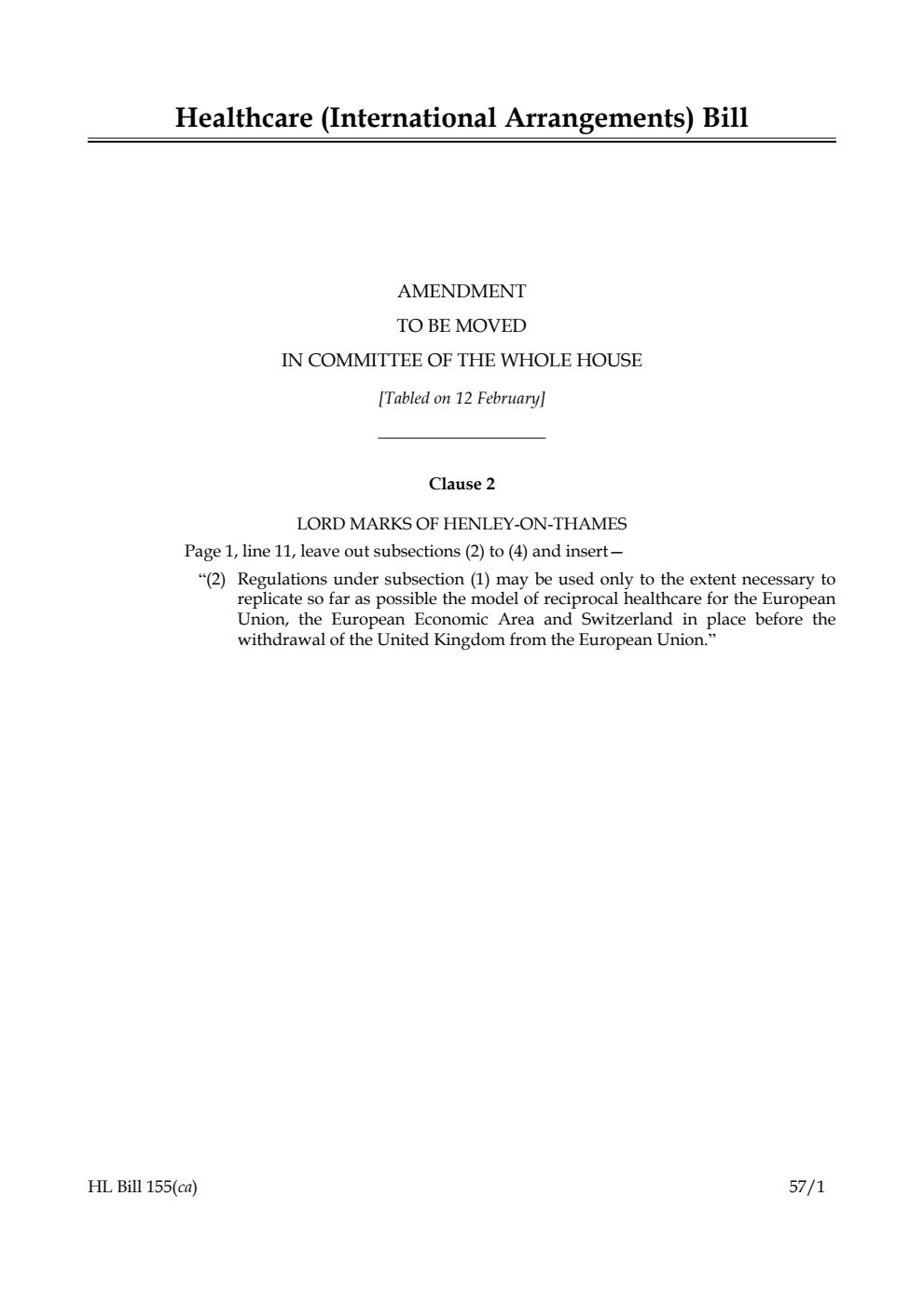Healthcare (International Arrangements) Bill Amendment to be moved in Committee of the Whole House [Tabled on 12 February]