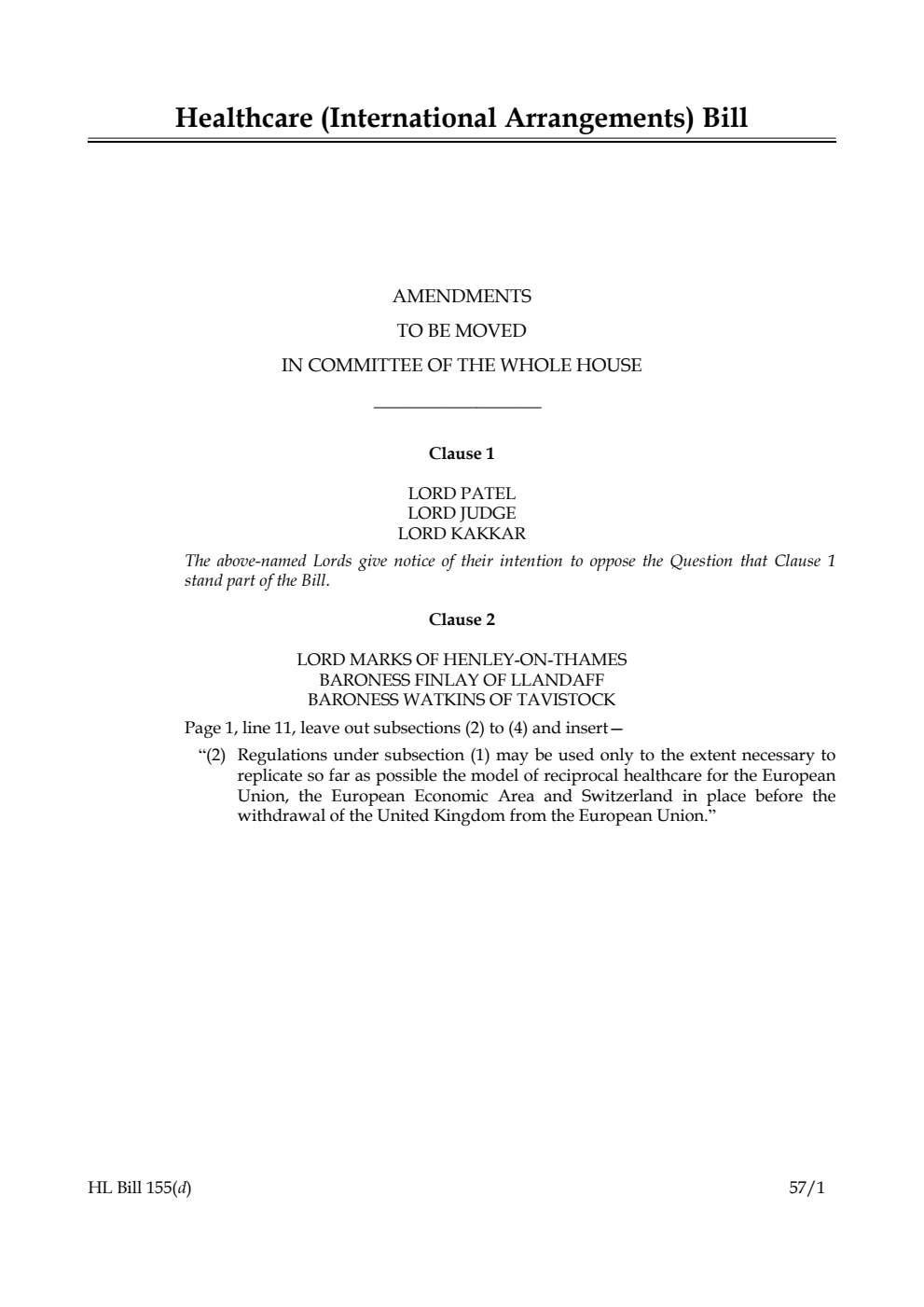 Healthcare (International Arrangements) Bill Amendments to be moved in Committee of the Whole House
