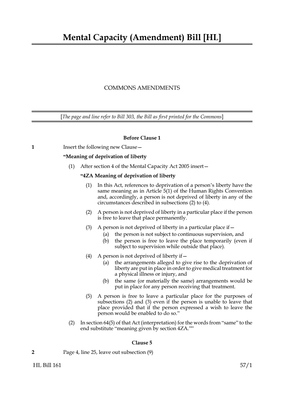 Mental Capacity (Amendment) Bill Commons Amendments