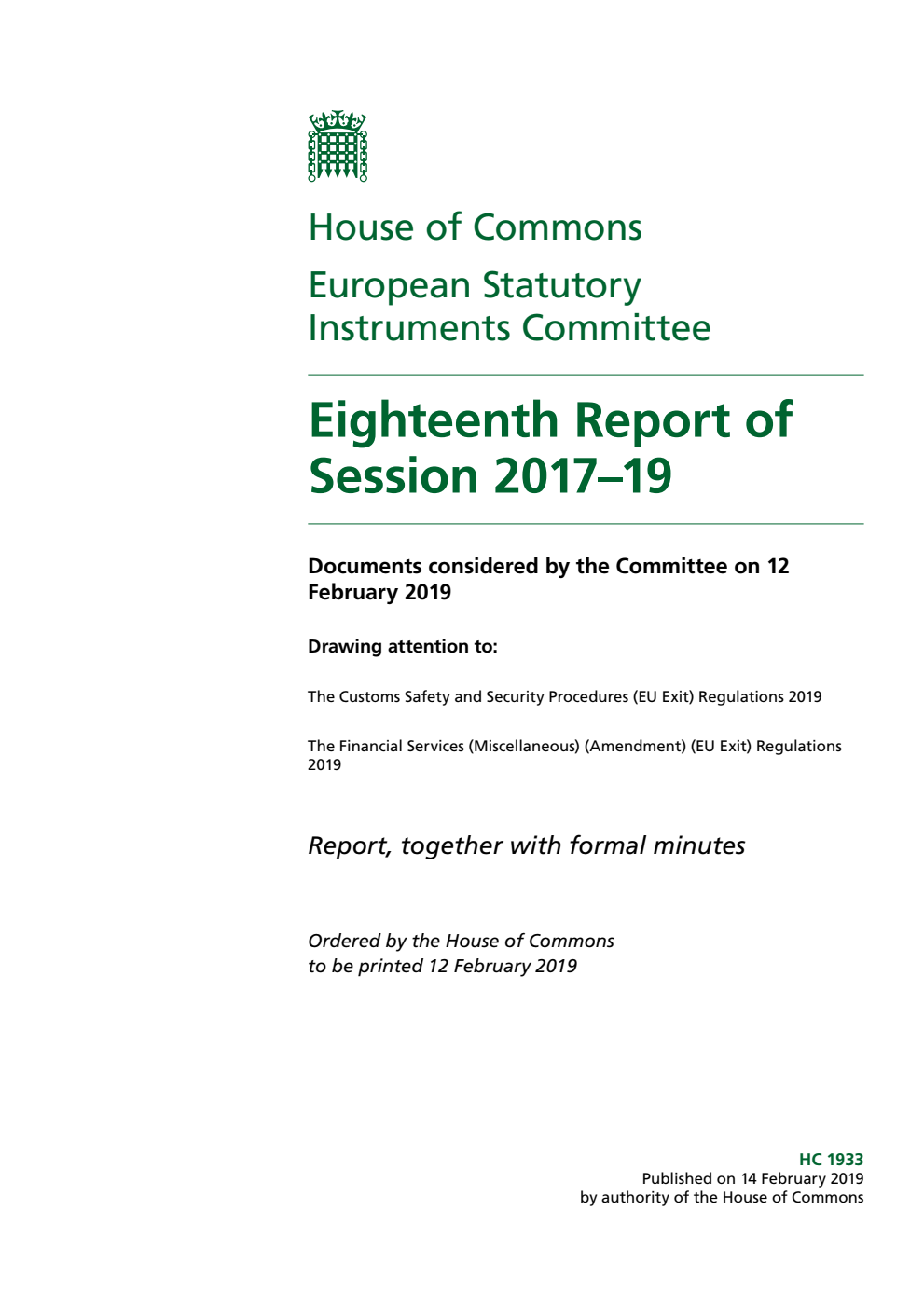 European Statutory Instruments Committee 18th Report of Session 2017-19