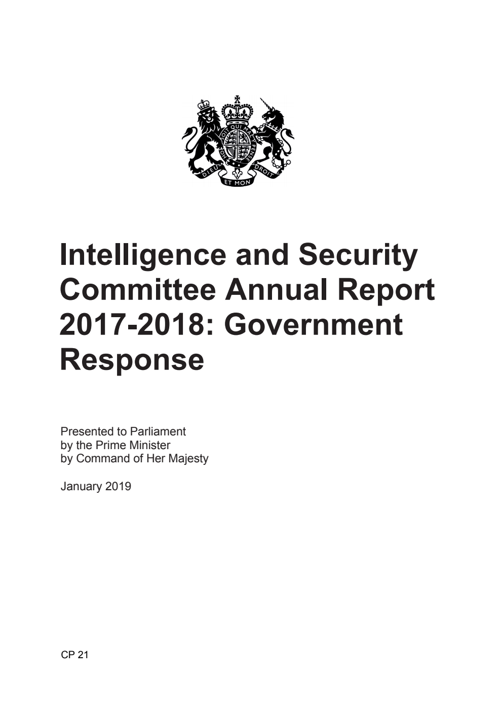 Intelligence and Security Committee Annual Report 2017-2018: Government Response