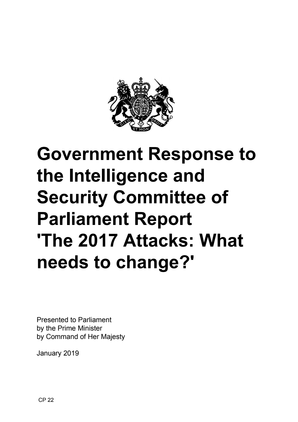 Government Response to the Intelligence and Security Committee of Parliament Report 'The 2017 Attacks: What needs to change?'