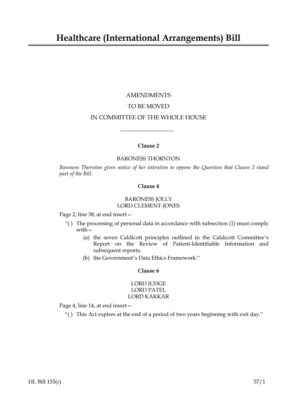 Healthcare (International Arrangements) Bill Amendments to be moved in Committee of the Whole House