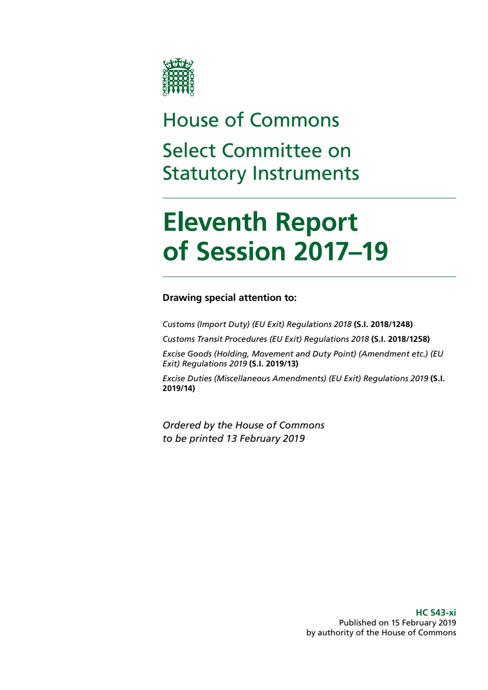 Statutory Instruments Committee 11th Report of Session 2017–19