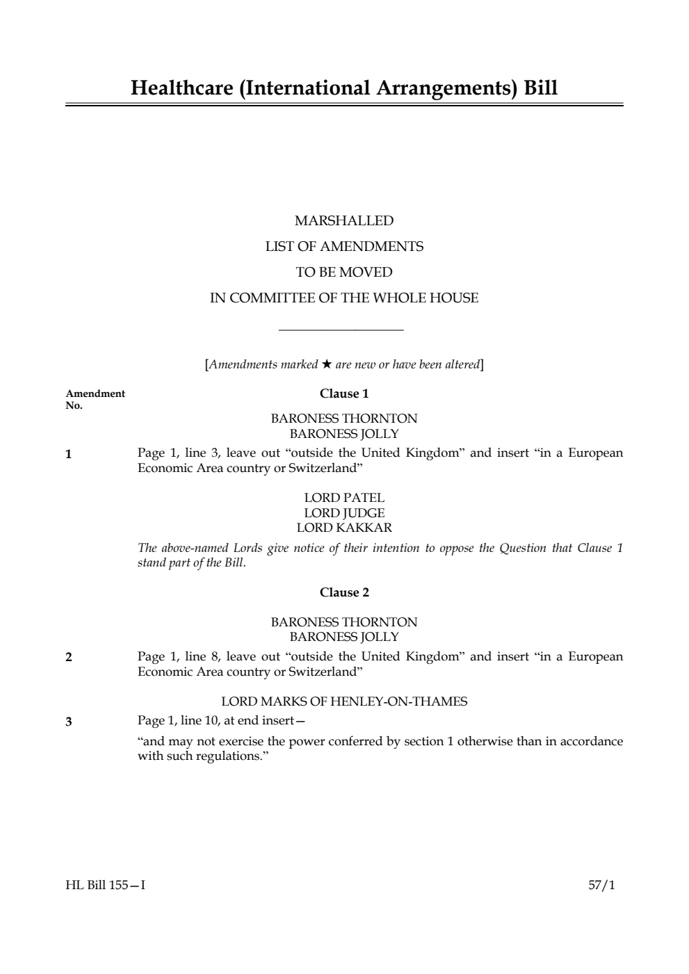 Healthcare (International Arrangements) Bill Marshalled List of Amendments to be moved in Committee of the Whole House