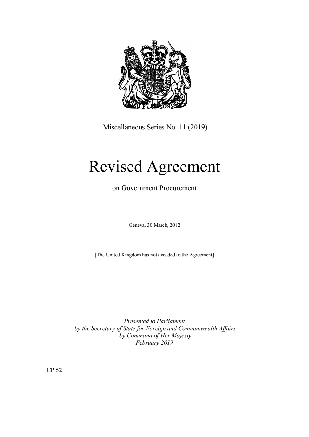 Miscellaneous Series No. 11 (2019) Revised Agreement on Government Procurement. Geneva, 30 March, 2012